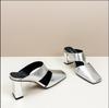 Sandalias Mule de Tacón Grueso Plateadas Versátiles con Puntera para Uso Exterior de Verano para Mujer, Tira en T, Punta Cuadrada, Espalda Hueca, Tacón Alto