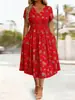 Vestido Feminino Europeu e Americano de Verão 2026 Novo com Gola V Estampado Slim Fit Elegante de Manga Curta