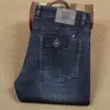 Jeans masculino grosso de alta elasticidade azul escuro para outono e inverno, calças de fibra de poliéster e algodão, macias, respiráveis, corte reto slim
