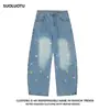 Jeans Vintage Lavado Bordado de Cintura Alta Que Achata a Barriga, Caimento Solto, Perna Reta e Fluido Que Faz Você Parecer Mais Alto e Magro