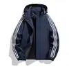 Jaqueta esportiva listrada de primavera e outono para homens e mulheres, casaco leve casual com capuz, corte solto, tamanhos grandes, roupa esportiva para corrida