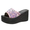 Versión Coreana Comercio Exterior Sandalias de Cuña Slip-On con Lentejuelas de Suela Gruesa para Mujer, Suela de Plataforma, Talla Grande Sandalias de Playa Peep-Toe, Tienda Independiente