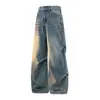 Calça jeans de brim lavada para todas as estações, cor sólida, vintage, design padrão, estilo Hong Kong, calça de trabalho de perna reta folgada