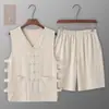 Traje de Verano Holgado Transpirable Fino Chaqueta Tang Chaleco Shorts Hebilla Retro Chaqueta Mandarín Sudadera de Titular Viejo para Hombre