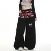 Pantalones de chándal anchos vintage desgastados con patchwork de la Union Jack para hombre y mujer, estampado de letras estilo americano, pantalones casuales rectos holgados con cordón