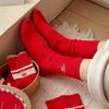 Meias femininas planas bordadas arco tubo meias ano novo festivo vermelho meias outono e inverno grosso quente algodão meias atacado