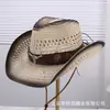 Sombrero vaquero de paja tejida con diseño calado estilo retro americano para hombre y mujer, sombrero vaquero versátil para protección solar de verano