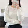 Suéter de punto de algodón puro con cuello redondo, nuevo para principios de otoño 2026, de manga larga para mujer, color liso, hueco, holgado, versátil, camiseta básica
