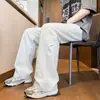 Calça casual trendy estilo americano para primavera e outono, malha de seda gelada vazada, unissex, cintura elástica com cordão, calça longa esportiva