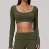 Novo top esportivo Zechuang escovado com gola U, elástico, justo ao corpo, comprimento até o peito, roupa curta para fitness, manga longa 9599
