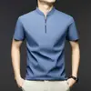 Nova Camiseta Casual Masculina de Manga Curta para Verão 2025 para Homens de Meia-Idade, Camiseta de Manga Curta com Zíper Meio e Gola Alta Sem Costura de Nylon-Spandex