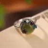 Anillo de flor de cloisonné de jade con incrustaciones de plata esterlina S925, anillo abierto con superficie de huevo redondo de jade Hetian, pulsera de temperamento femenino