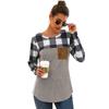 Camiseta de manga larga con bolsillo y cuello redondo con costuras a cuadros para mujer, primavera y verano, 2021
