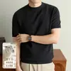 Camisa de malha de manga curta com mistura de lã 300g para homens, base lisa, antibacteriana, estilo old money de verão, camiseta gola redonda para homens