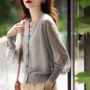 Ice Silk fino V-neck malha cardigan para mulheres 2023 primavera e verão Nova manga bufante solto roupa de proteção solar respirável