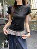 Camiseta Feminina Guangzhou Treze Linhas 2025 Nova Barra Costura Xadrez Babados Manga Curta Roupas de Verão Ballet