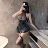 Roupa Íntima Sexy Tecido Transparente Sexy Costura PU Saia Plissada Mini Gola Saia de Couro Uniforme OL Tentação