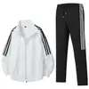 Conjunto Esportivo de Gola Alta com Três Listras Masculino Primavera e Outono Jaqueta Casual Calça Longa Peça Dupla Solta Retrô Roupas de Corrida Fitness