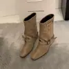 Botines de Tobillo Color Caqui de Gamuza Estilo Retro First Encounter para Mujer Botas Estilo Francés Diseño de Nicho Otoño/Invierno Botines Estilo Occidental