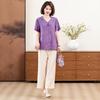 Roupas de Verão para Mãe Estilo Nacional Roupas de Cima Camiseta Conjunto de Duas Peças Moda para Mulheres de Meia-idade e Idosos Novo Traje Chinês de Manga Curta