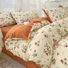 Juego de cuatro piezas de algodón y lino lavado grado A para maternidad e infancia, ropa de cama de gasa de doble capa estilo floral vintage, juego de 3 piezas para dormitorios de estudiantes