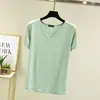 Top de mujer con cuello en V, camiseta básica, talla grande, nueva camiseta de manga corta de verano, adelgazante, color liso, modal, estilo coreano, corte holgado