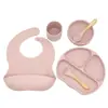 AliExpress Mais Vendido Conjunto de 6 Peças Babador de Bebê Refeição Tigela Redonda Colher Garfo Prato Dielétrico Conjunto de Louça de Silicone Suplementado