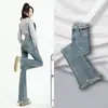 Pantalones Pequeños Vintage con Borlas y Pierna Ligeramente Acampanada para Mujer, Cintura Alta, Adelgazantes, Otoño, Elásticos, con Felpa, Jeans Micro-acampanados para Mujer