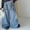Conjunto de Tres Piezas para Niñas Otoño Nuevo Estilo Estilo Americano Sudadera con Capucha Chaqueta de Mezclilla Pantalones de Trabajo Rayados Estudiante de Secundaria Pantalones de Pierna Ancha Chaqueta