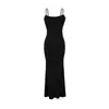 Vestido Longo Sexy G016 Estilo Europeu e Americano com Alças Finas tipo Espaguete e Bojos, Vestido Bodycon Justo Canelado