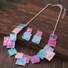 Cross-border Hot Sale Liga de Zinco Geométrico Quadrado Cor Gota Óleo Personalidade Oco Design Feminino Colar Brincos terno
