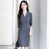Outono e inverno 2023 novo cinza manga longa pequeno terno gola jaqueta comprimento médio vestido para mulheres elegante emagrecimento moderno