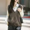 Colete de tricô com gola de lã cinza transfronteiriço para mulheres, novo estilo outono e inverno, suéter solto sem mangas, peça de outer wear cinza escuro