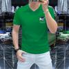 Camisa informal de manga corta con cuello en V para hombre, corte entallado, verano 2025, cuello de pollo de media manga para hombre, algodón mercerizado, perforación en caliente de moda