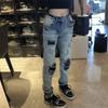 Marca de Moda High Street Europeia e Americana Jeans Rasgados Cor Clara Retrô Novo Calças Compridas Masculinas Patch Stretch Ajuste Slim Pé Pequeno