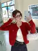 Cardigã de tricô cinza para mulheres, novo modelo para o início do outono de 2026, peça externa fina, vermelho vintage, tamanho único