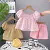 Conjunto Floral de Verano con Mangas Abullonadas para Niñas 2025 Nuevo Estilo Moda Infantil Conjunto de Dos Piezas de Manga Corta para Verano