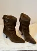 Botas de Moda de Piel para Mujer 2026 Otoño/Invierno, Puntera Cuadrada, Hebilla, Estilo Elegante, Temperamento, Adelgazantes, Tacón Alto, Caña Media, Fruncidas, Cortas