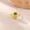 Anéis de Frutas Fofos de Aço Titânio, Anéis Abertos de Cereja e Morango Frescos Que Não Desbotam, Anéis de Nicho Banhados a Ouro 18K