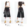 Pantalones capri de mezclilla negros estilo americano de pierna ancha para mujer, nueva colección de verano, retro de cintura alta, corte holgado, adelgazantes, de pierna recta, pantalones casuales de longitud media