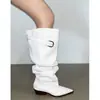 Botas Vaqueras Occidentales de Punta Fina con Nuevo Diseño 2026, Botas de Tacón Apilado Fruncidas para Mujer, Tacón Grueso con Hebilla de Cinturón, Botas Altas para Montar