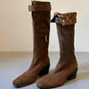 Botas ajustadas retro de dos vías hasta la rodilla con punta cuadrada, tacón grueso y hebilla de cinturón, modernas botas de jinete