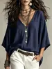Top casual de algodón y lino para mujer, de manga tres cuartos, corte holgado, con cuello en V, para otoño, Amazon transfronterizo europeo y americano
