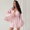 Conjunto de Pijama Três Peças Macio Pluma Novo Estilo Europeu e Americano Solto Seda Imitação 2026 Outono Roupa de Casa para Mulheres de Comércio Exterior