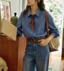 Camisa de Manga Larga Azul Lyocell Estilo Retro Francés Solighter para Mujer Otoño