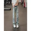 Jeans curvo estampado com padrão de raio retro lavado americano para homens, calça emagrecedora com vibe high street, jeans de perna reta flare