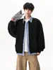 Sudadera Chaqueta de Falso Dos Piezas con Parches a Cuadros para Hombre, Marca de Moda, Estilo Americano Otoñal, Corte Holgado, Estilo Universitario, Cárdigan Fresco y Elegante