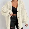 Comercio Exterior Retro Europeo y Americano Cardigan de Punto con Cuello en V para Mujer Suéter Abrigo de Punto Trenzado Holgado Manga de Linterna Ropa Exterior Casual