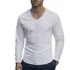 Comercio exterior transfronterizo primavera y verano nuevo para hombre algodón lino color liso cuello en V casual retro holgado manga larga camiseta camisa top