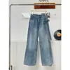 Calça jeans com strass, estilo de rua, calça reta de cintura alta versátil de verão feminina com laços, calça comprida que faz as pernas parecerem mais longas